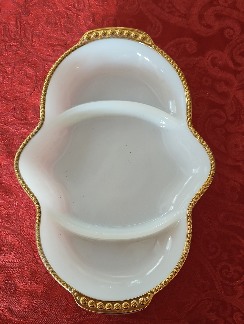 VTG Fire-King Milk Glass 3 Section Divided Relish Dish Gold Scalloped Rim, #1